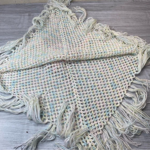 Handmade Little Girl’s Crochet Triangle Shawl Fringe Pancho Pastel w/Pink Ribbon - Picture 6 of 8